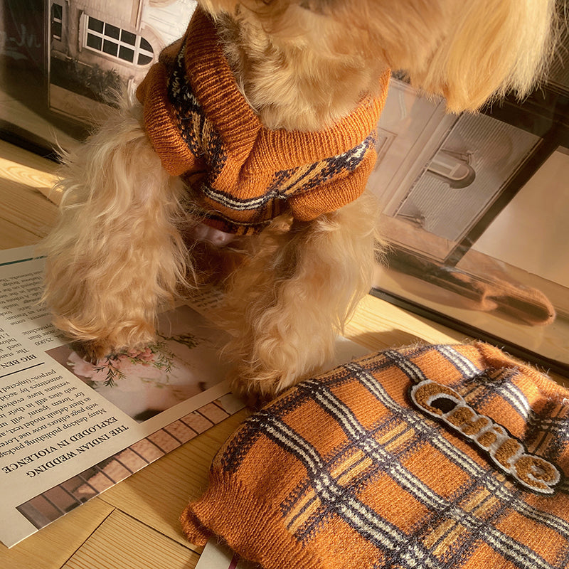 Vintage Plaid Knit Sweater for Small Pets