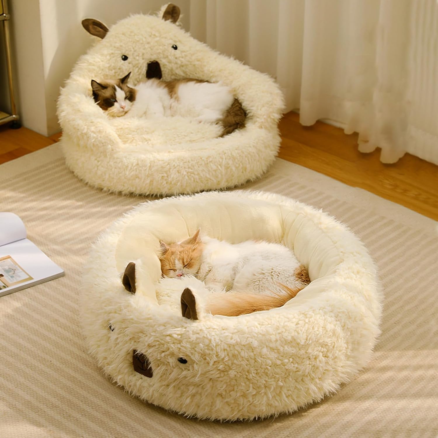 Fluffy Calming Alpaca Pet Bed with Detachable Plush Pad