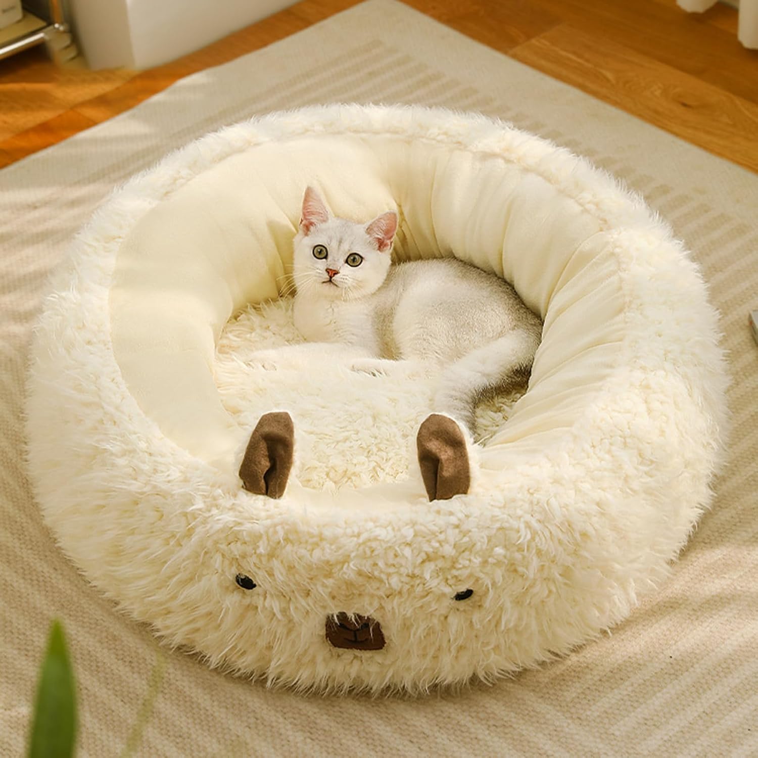 Fluffy Calming Alpaca Pet Bed with Detachable Plush Pad